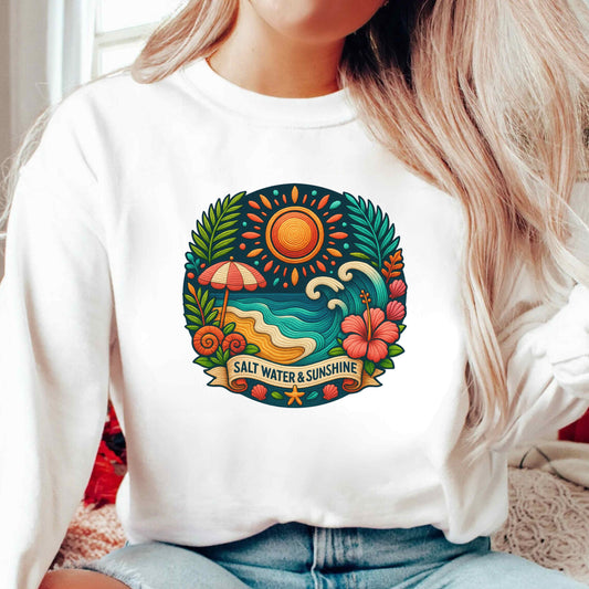 Salt Water & Sunshine Beach Embroidery-Style PNG T-Shirt