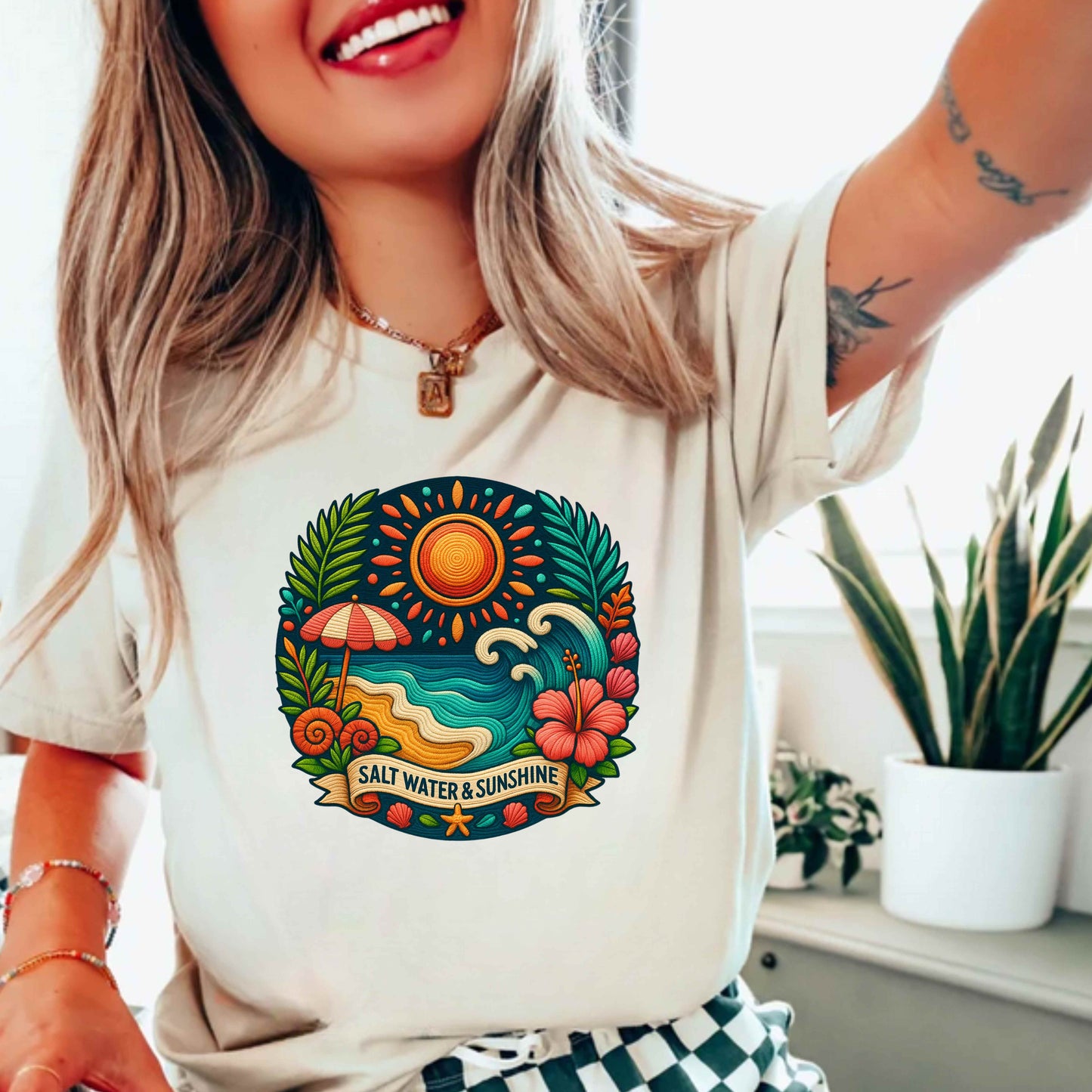 Salt Water & Sunshine Beach Embroidery-Style PNG T-Shirt